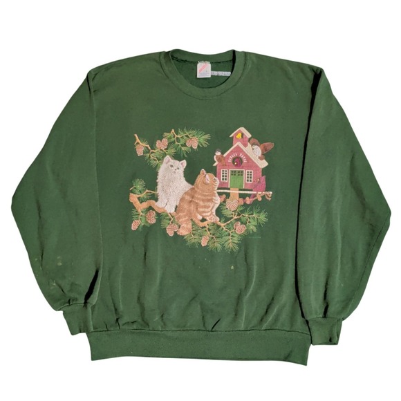 Jerzees Tops - Vintage Jerzees Kitten Sweatshirt Womens Size Large Green Cat Crewneck Grandma
